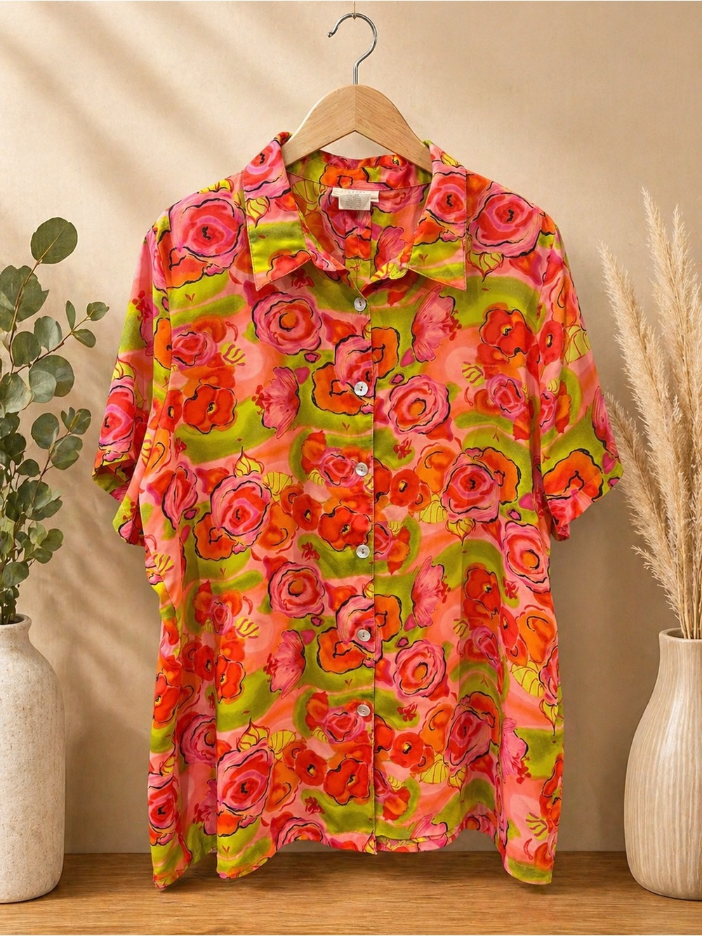 Kathy Lee Woman Floral Button Up Blouse Bright Pink Green Top